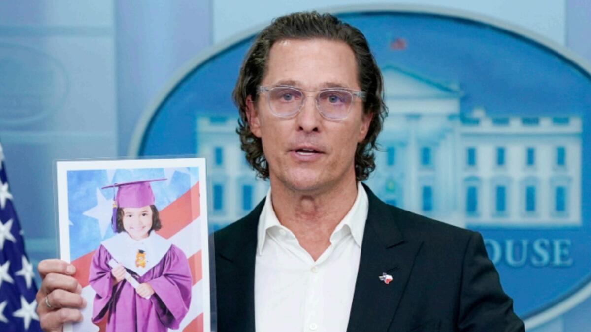 Actor Matthew McConaughey holds a picture or Alithia Ramirez, 10, who was killed in the mass shooting at an elementary school in Uvalde, Texas, as he speaks during a press briefing at the White House. — AP