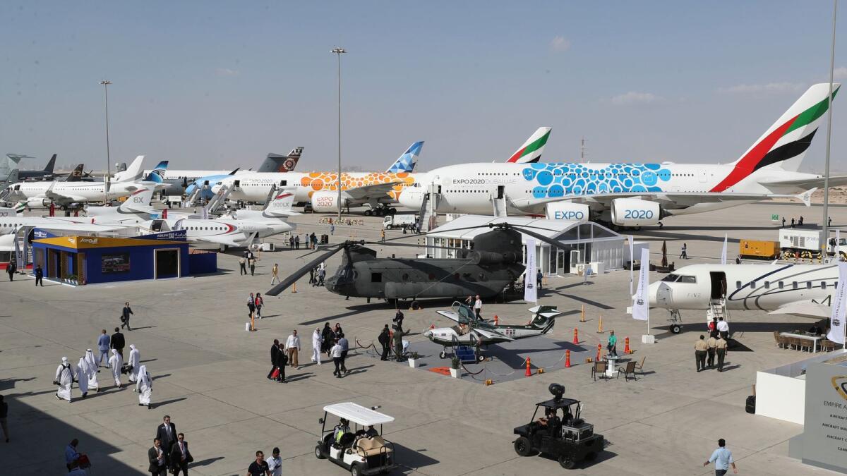 People visit planes during the opening day of the Dubai Airshow on November 17, 2019. The 17th edition, which is expected to be the biggest event since the show began in 1989, will be attending by over 370 new exhibitors, and representatives from almost 150 countries. — File photo