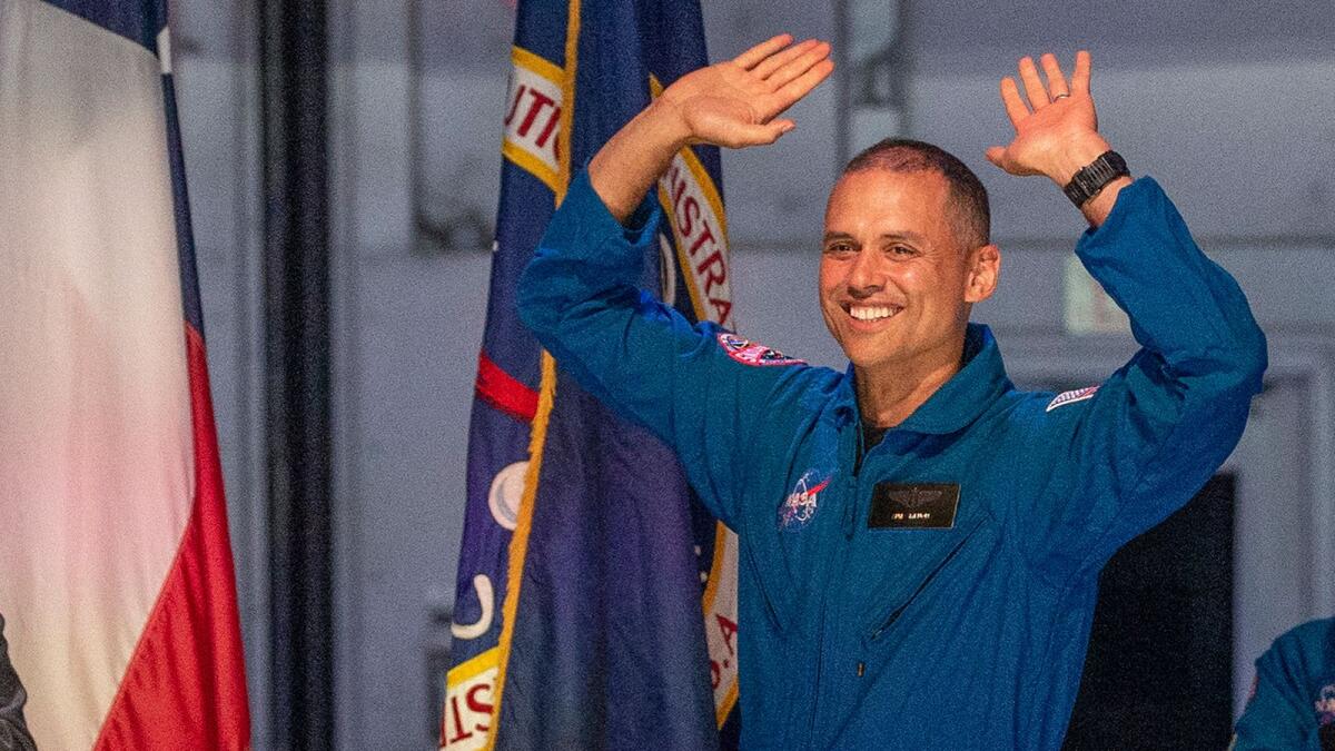 Anil Menon, 45, lieutenant colonel, US Air Force, gestures as he is introduced at the NASA's 2021 Astronaut Candidate announcement. (Photo: AFP)