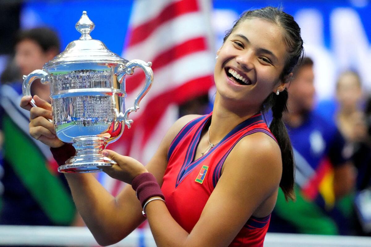 Emma Raducanu celebrates with the trophy after winning the 2021 US Open. — Reuters file