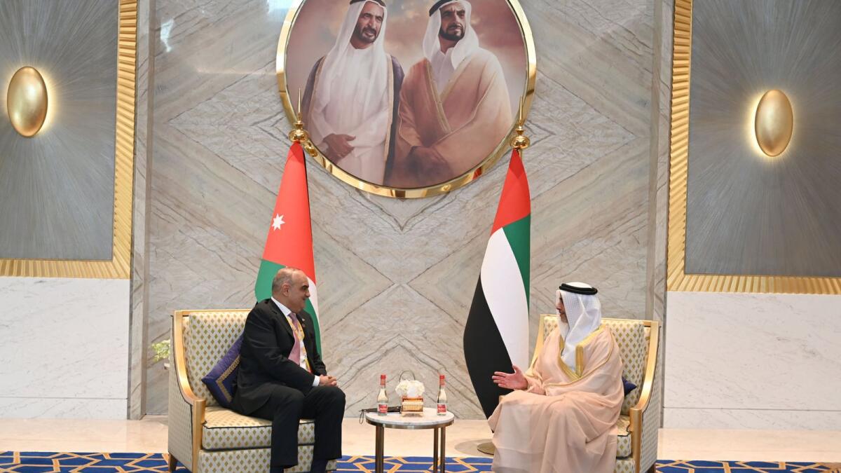Lt-Gen Sheikh Saif bin Zayed Al Nahyan and Dr Bisher Al Khasawneh at Expo 2020  Dubai. — Courtesy: Twitter/Dubai Media Office