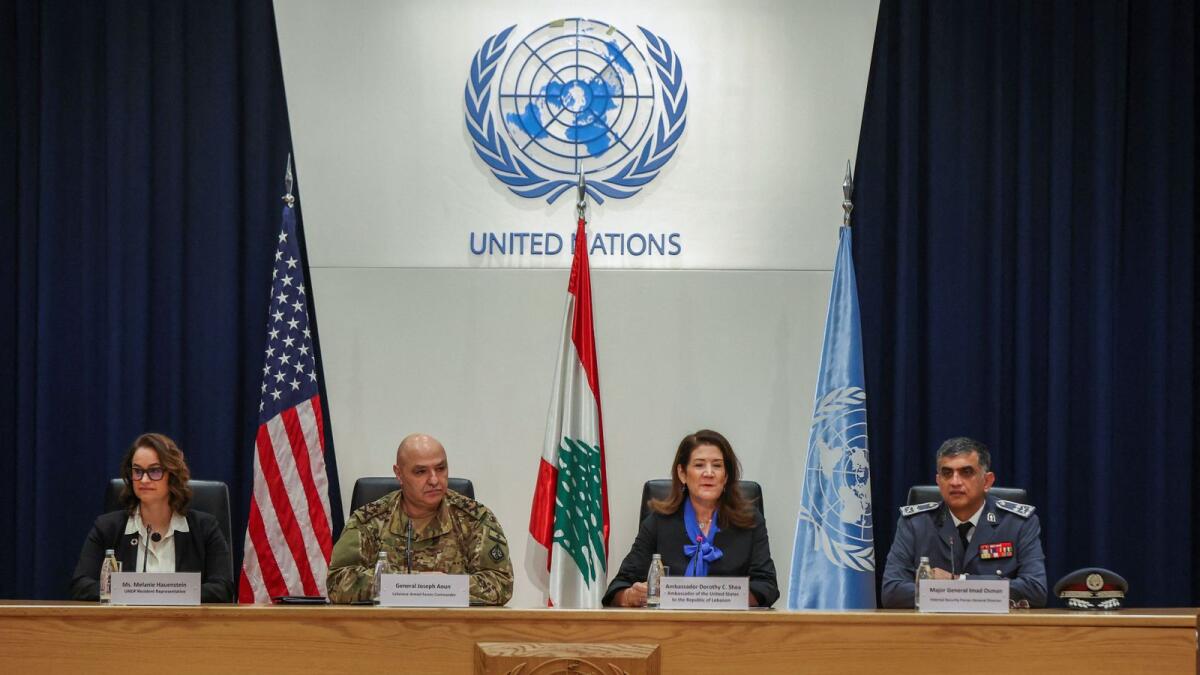 United Nations Development Programme Resident Representative in Lebanon Melanie Hauenstein, Lebanon’s Army Chief General Joseph Aoun, US Ambassador to Lebanon Dorothy Shea and Director General of Internal Security Forces Major General Imad Osman during a news conference in Beirut. — Reuters