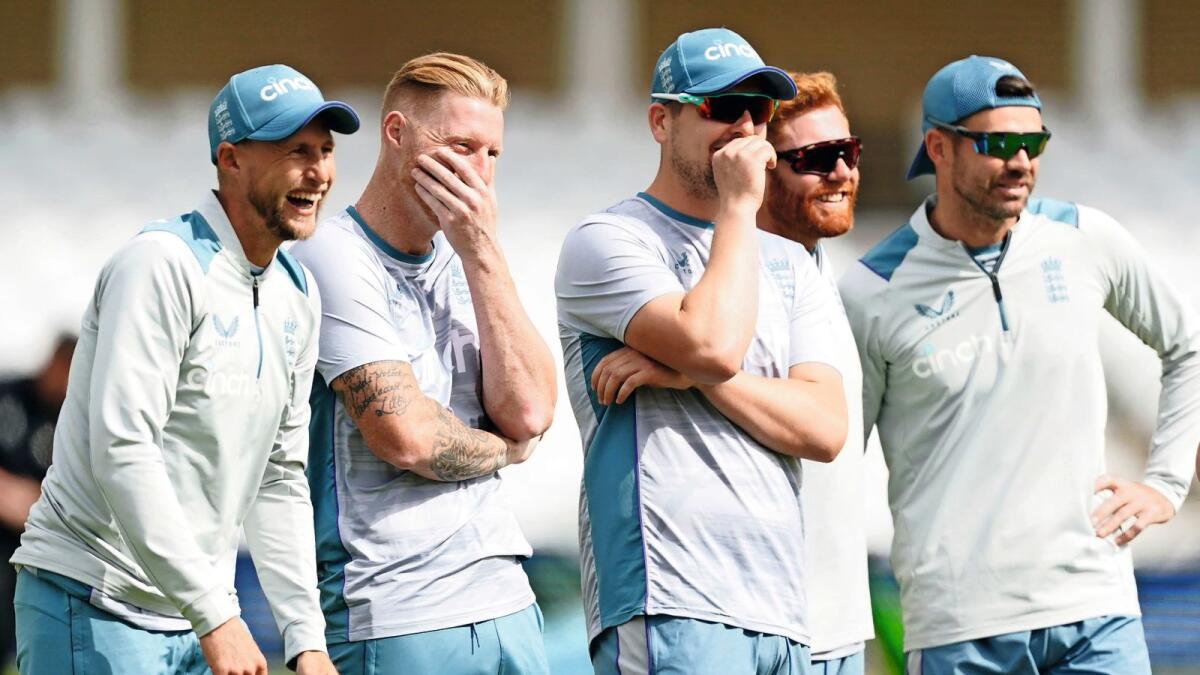 England players share a lighter moment during a practice session in Trent Bridge on Thursday. — AP