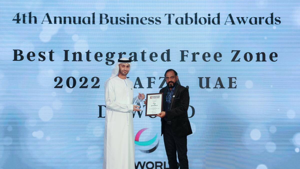 Hamad Al Sayegh, Head of Strategic Accounts, received the “Best Integrated Free Zone” award on behalf of Jafza. - Supplied photo