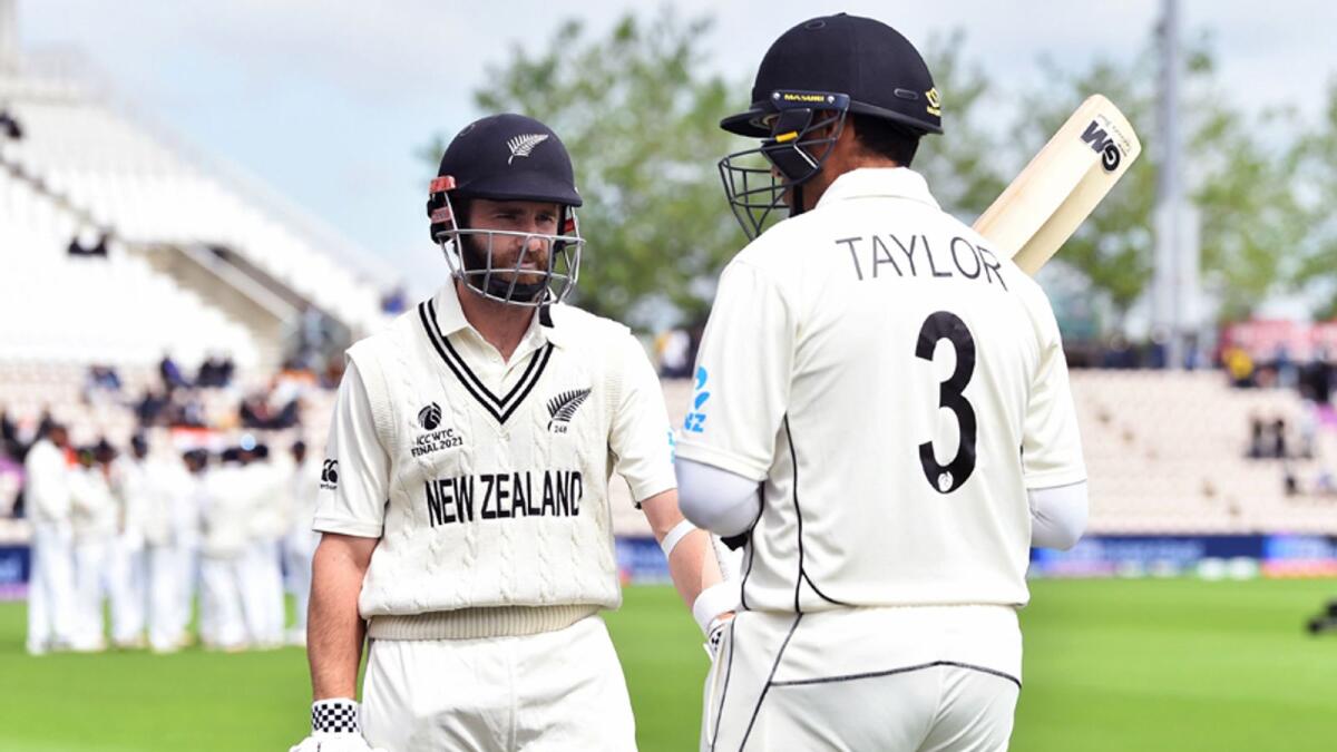 New Zealand's skipper Kane Williamson and New Zealand's Ross Taylor during the fifth day of the World Test Championship final match against India, at the Rose Bowl in Southampton on Tuesday. — ANI