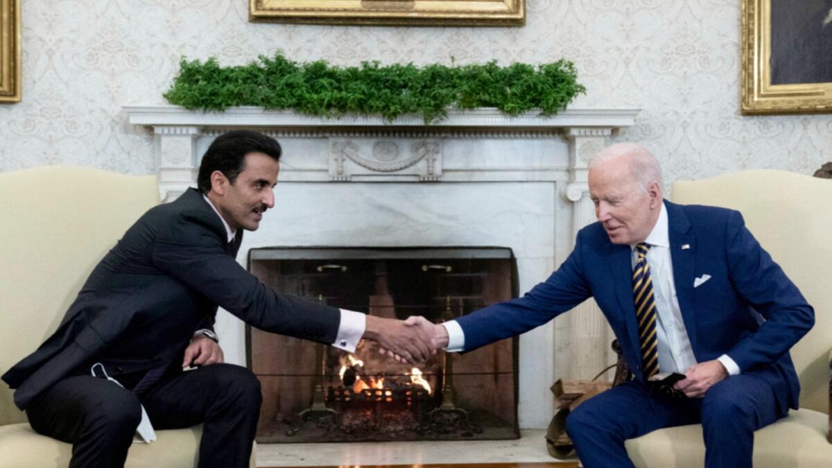 Qatari Amir Sheikh Tamim bin Hamad Al Thani during a meeting with US President Joe Biden. — AP