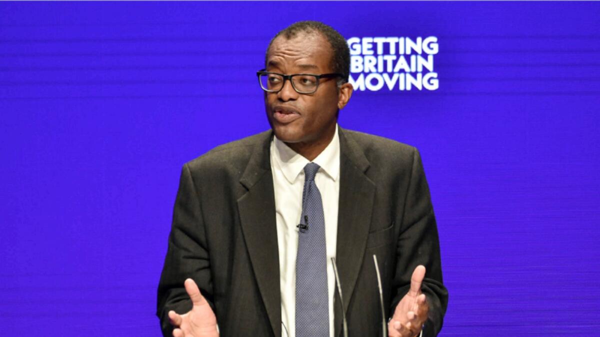 Britain's Chancellor of the Exchequer Kwasi Kwarteng speaks at the Conservative Party conference at the ICC in Birmingham. — AP