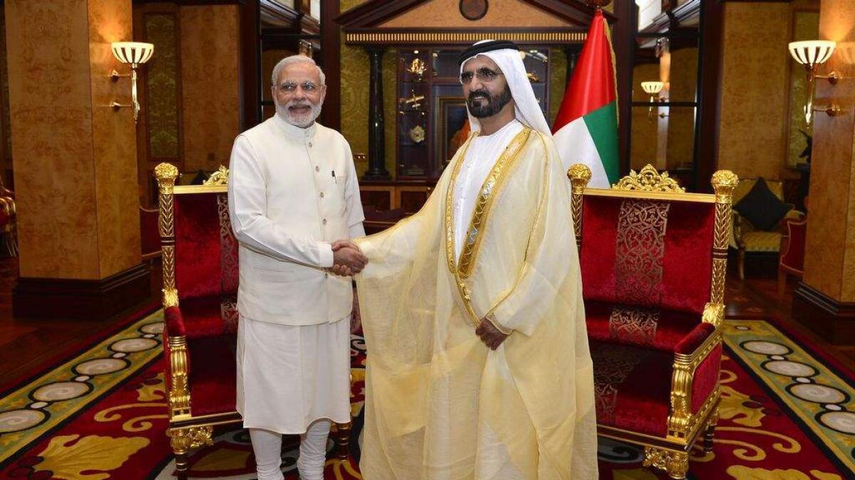 His Highness Shaikh Mohammed bin Rashid Al Maktoum, Vice-President and Prime Minister of the UAE and Ruler of Dubai, receives Indian Prime Minister Narendra Modi at the Zabeel Palace, Dubai, in 2015.