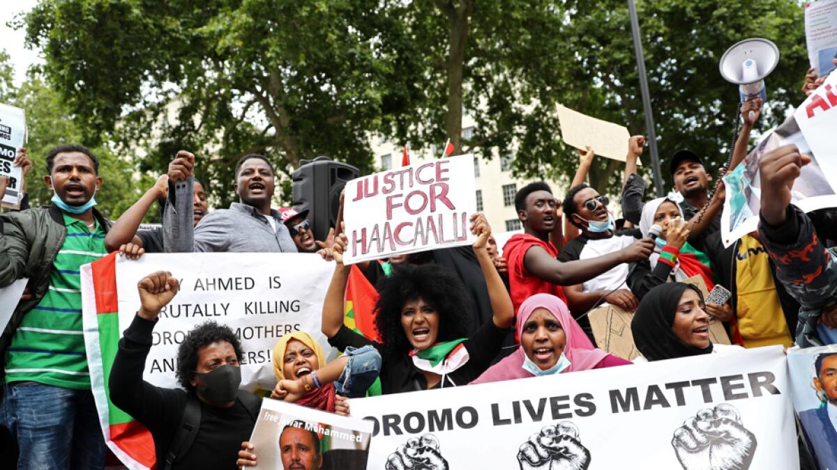 People gather to protest against the treatment of Ethiopia's ethnic Oromo group, outside Downing Street in London, Britain. Photo: Reuters