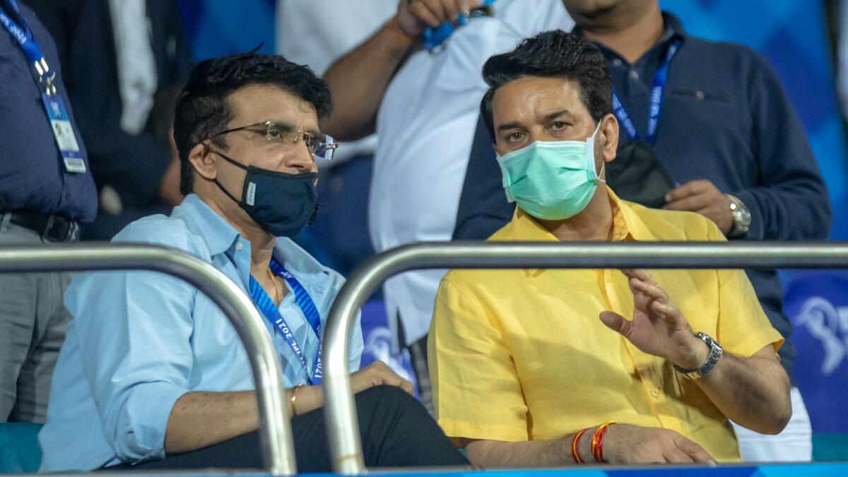 BCCI president Sourav Ganguly with Anurag Thakur during the IPL 2021 match between Mumbai and Bangalore in Chennai on April 9. (BCCI)