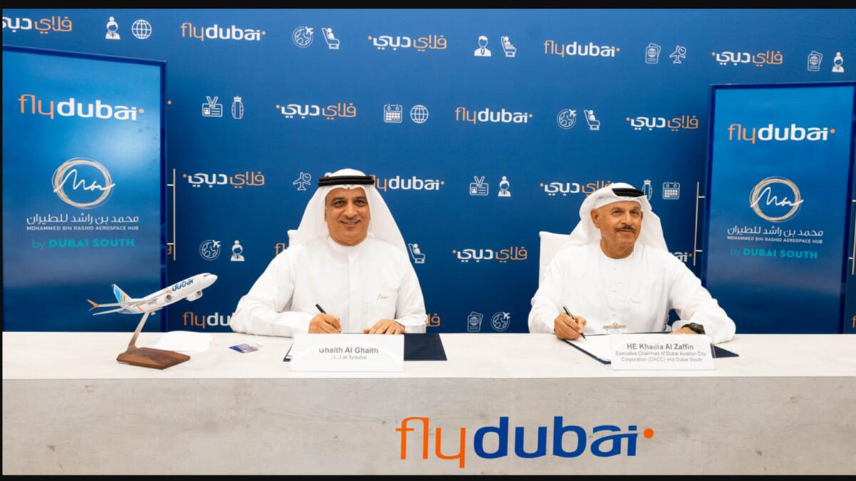 The signing ceremony with the Mohammed bin Rashid Aerospace Hub  was attended by Khalifa Al Zaffin, Executive Chairman of Dubai Aviation City Corporation and Dubai South; and Ghaith Al Ghaith, CEO of flydubai. — Supplied photo
