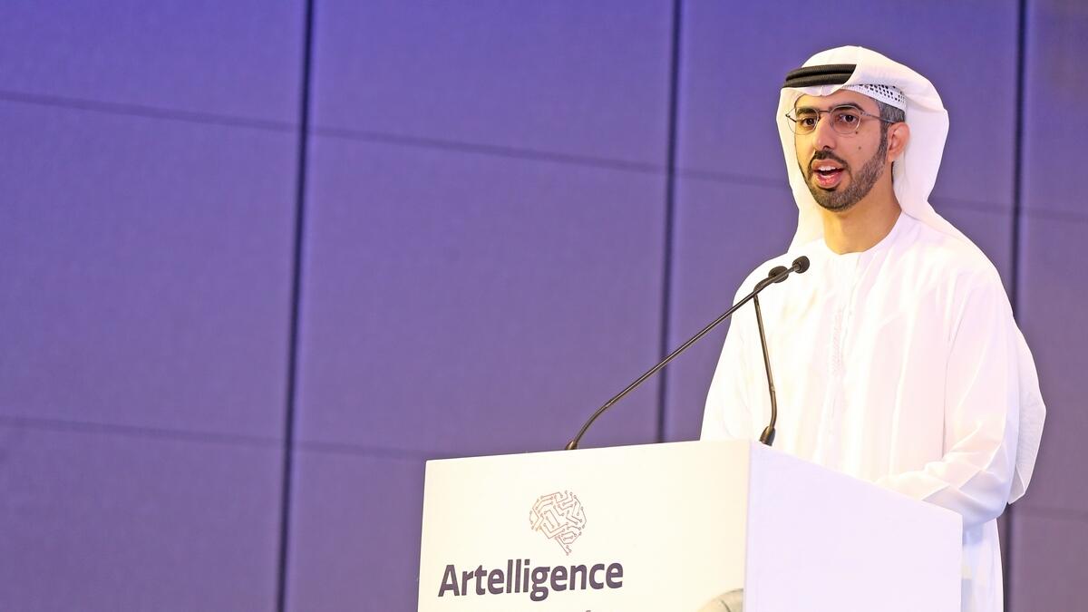Omar bin Sultan Al Olama, UAE Minister of State for Artificial Intelligence, delivering his keynote at Artelligence. in Dubai on Wednesday.