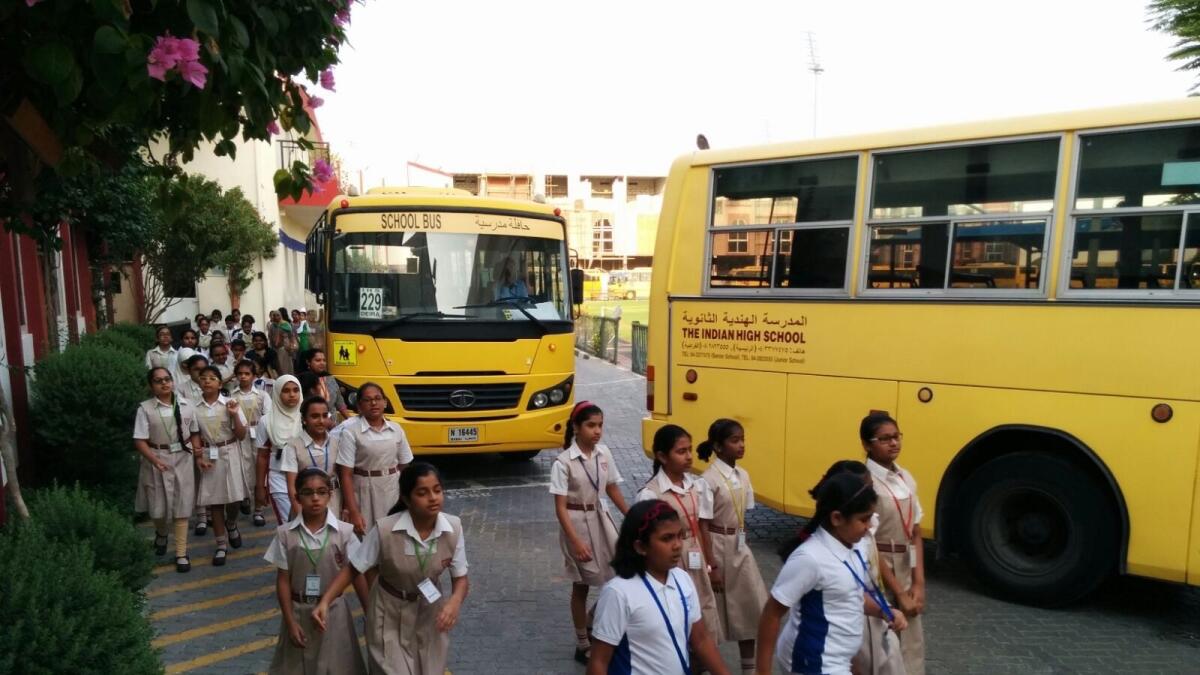 Kids arrive at the Indian High School in Dubai.- Photo by Neeraj Murali/ Khaleej Times