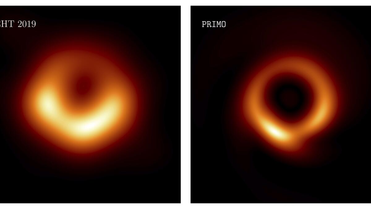 This combination of images of the M87 black hole released in 2019, left, and an updated one for 2023. — AP