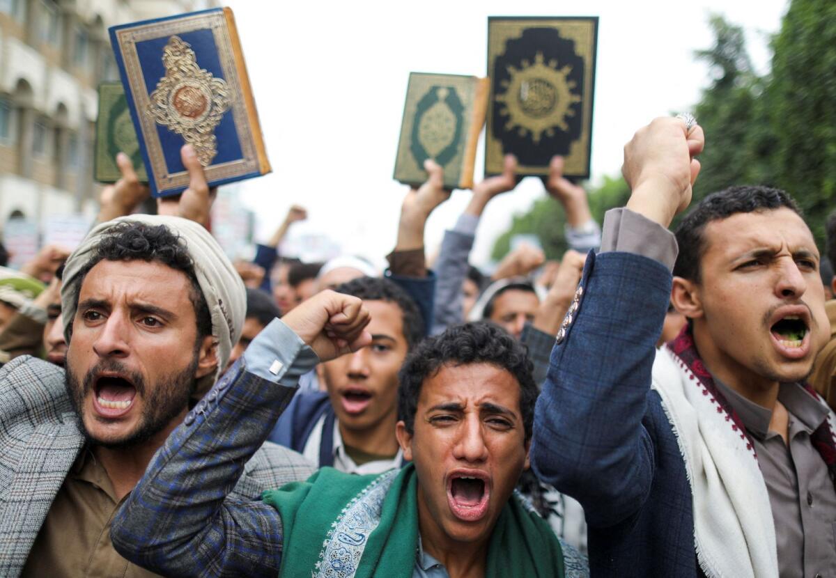 People demonstrate against the desecration of the Koran in Denmark, in Sanaa, Yemen July 24, 2023. Photo: Reuters