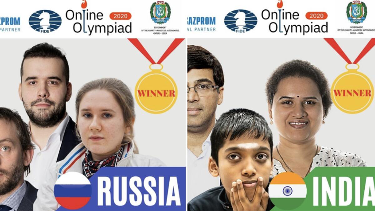 The Russian team (left) and India's squad shared the honours in the first 2020 Online Chess Olympiad. - Twitter