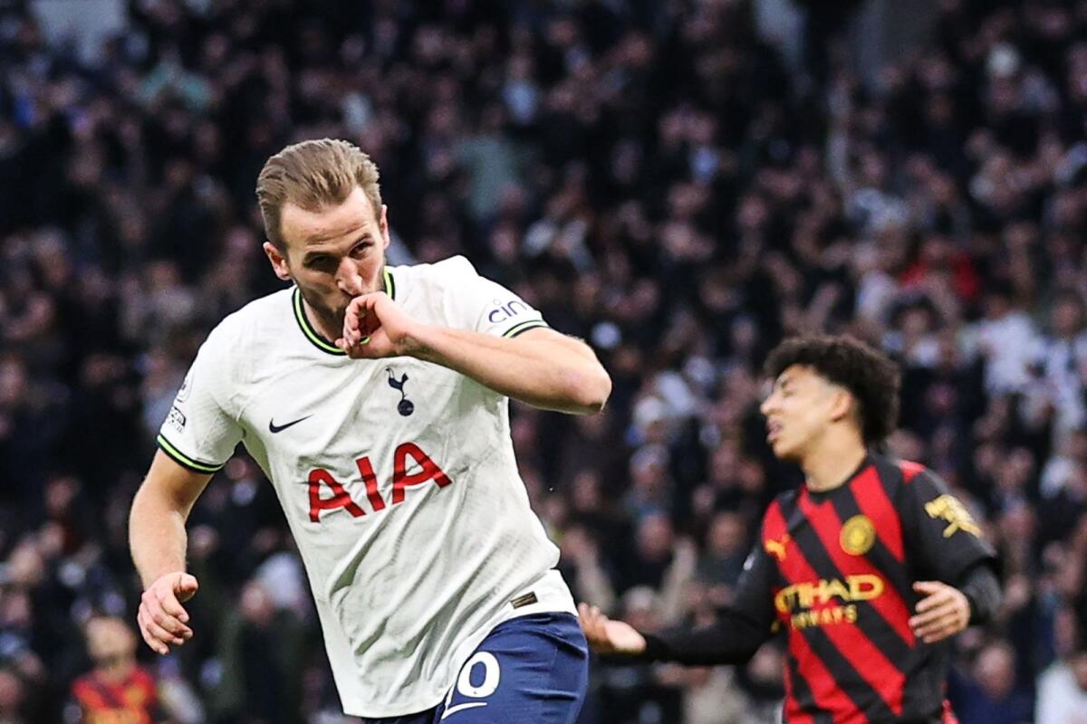 Tottenham striker Harry Kane celebrates after scoring a goal during the Premier League  match against Manchester City. — AFP