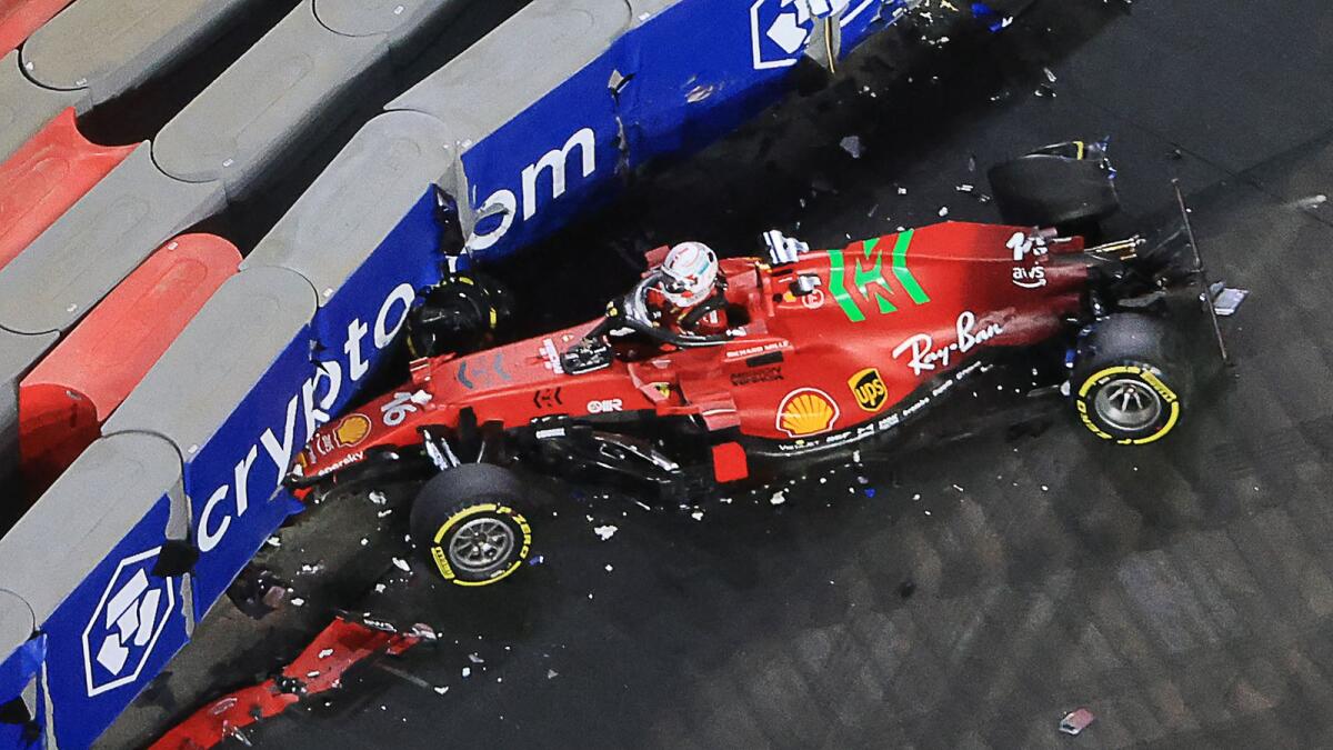 Ferrari's Charles Leclerc gets out of the car after crashing during the second practice session of the Saudi Arabian Grand Prix at the Jeddah Corniche Circuit on Friday. — AFP