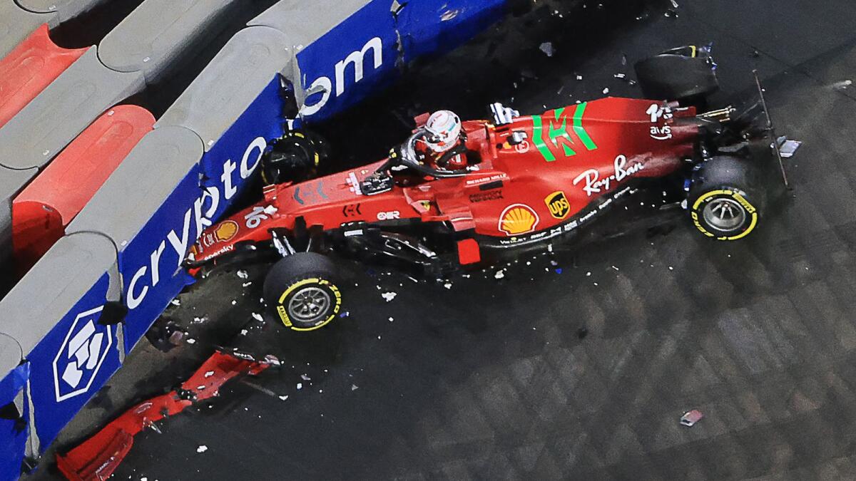 Ferrari's Charles Leclerc gets out of the car after crashing during the second practice session of the Saudi Arabian Grand Prix at the Jeddah Corniche Circuit on Friday. — AFP