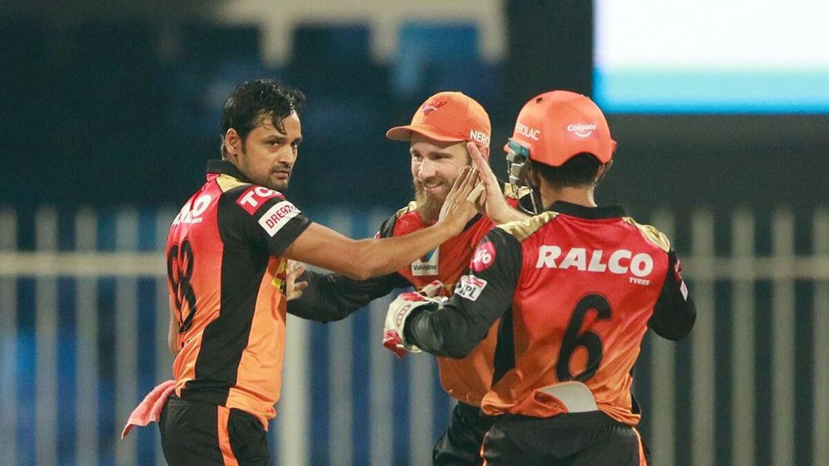 Shahbaz Nadeem celebrates the wicket of AB de Villiers with his teammates. — IPL
