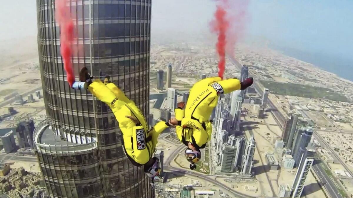 10. Highest base jump from the tallest building: Base jumpers Fred Fugen and Vince Reffet set a record after jumping from the tip of the Burj Khalifa in 2014.