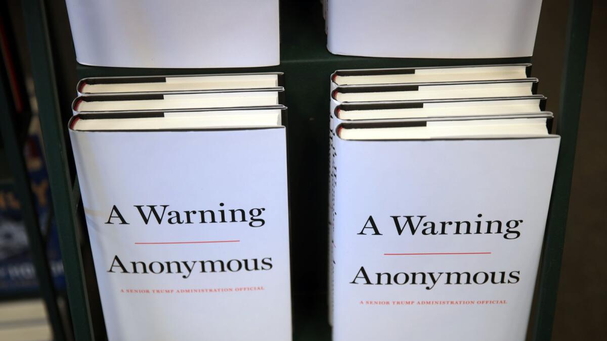 Copies of 'A Warning' by Anonymous are offered for sale at a Barnes &amp; Noble store in Chicago, Illinois.
