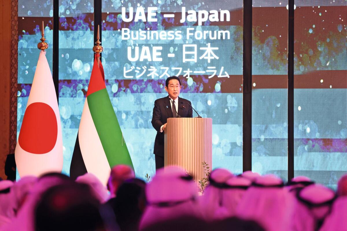 Japan's Prime Minister Fumio Kishida speaks during the UAE - Japan Business Forum in Abu Dhabi on July 17, 2023. — AFP