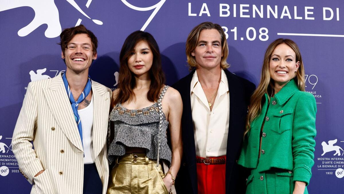 Director Olivia Wilde poses with cast members Harry Styles, Chris Pine, and Gemma Chan at Venice. (Photo: Reuters)
