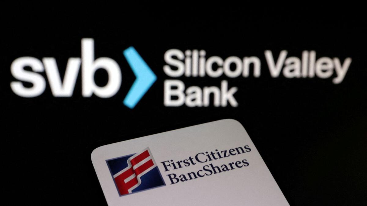 First Citizens BancShares and SVB (Silicon Valley Bank) logos are seen in a photo illustration. First Citizens BancShares Inc has bought all the loans and deposits of SVB. - Reuters