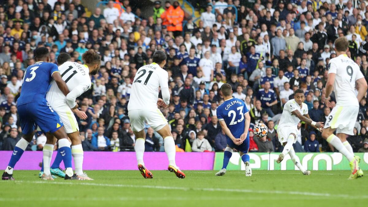 Leeds United's Raphinha scores a goal against Everton. — Reuters