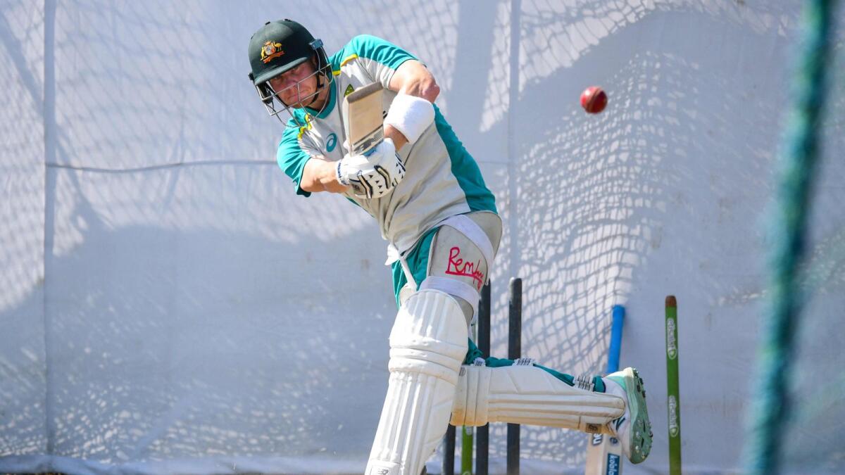Australia's Steve Smith bats in the nets during a practice session at the Galle International Cricket Stadium. (AFP)