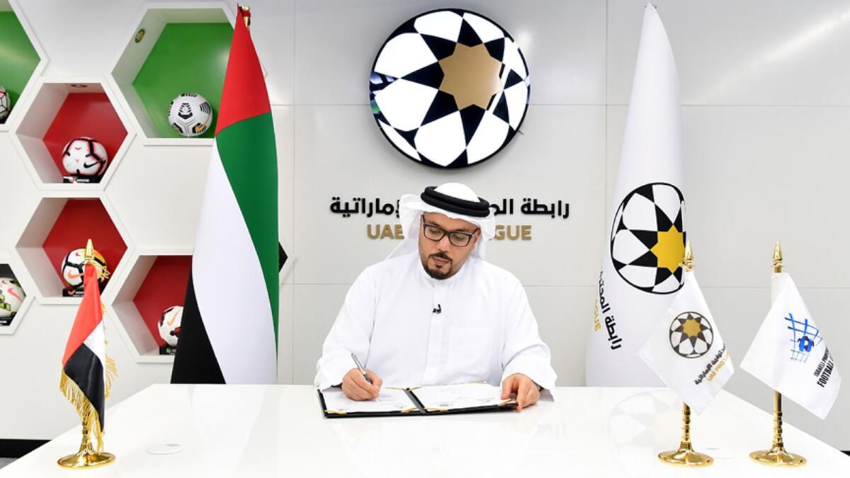 Abdulla Naser Al Junaibi, Chairman of the UAE Pro League during the signing of the MoU held via  a video conferencing with Erez Halfon, Chairman of the Israeli Professional Football League. — Supplied photo