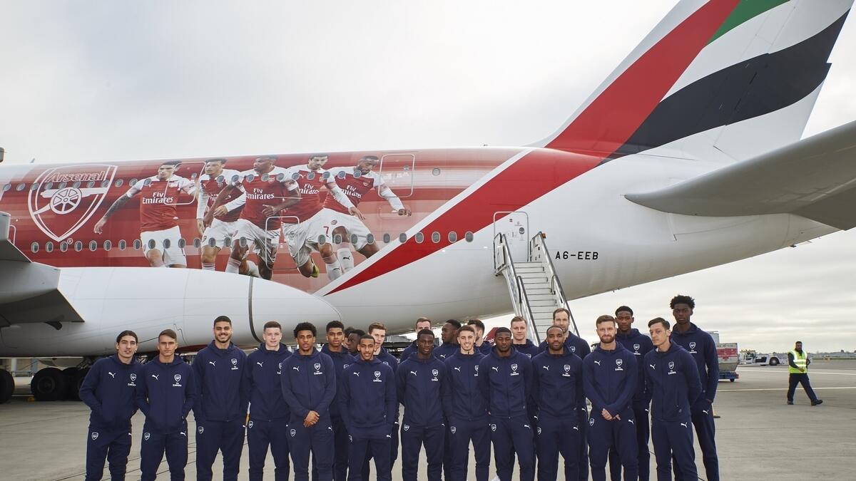Gunners travel on new Arsenal branded Emirates A380