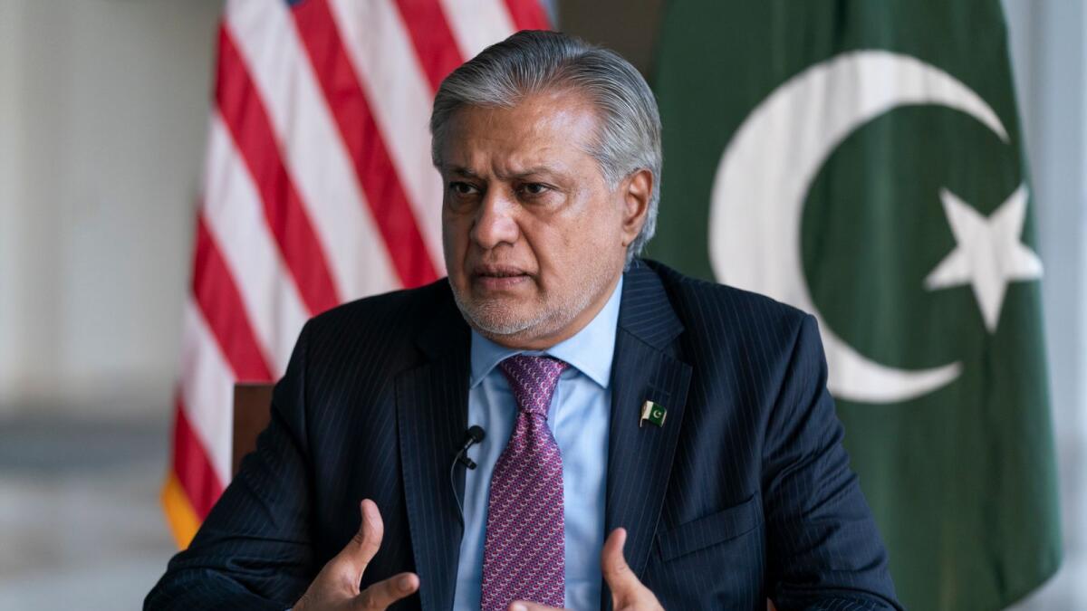 Pakistani Finance Minister Ishaq Dar during an interview at the Pakistani Embassy in Washington. — AP file
