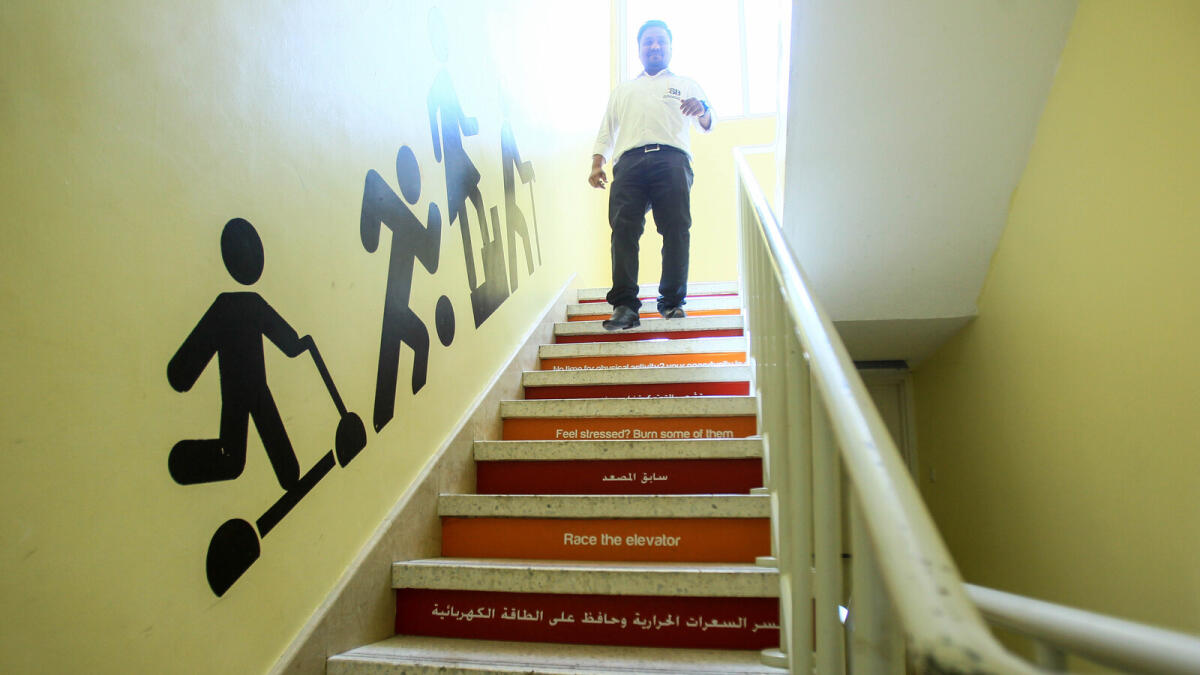 Manish Dhurway takes the motivation  stairs at  Ministry of Health &amp; Prevention, Dubai on World Health Day.