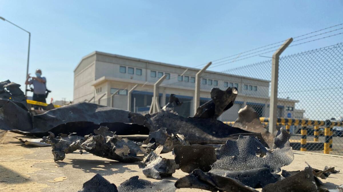 Debris at a Saudi Aramco oil company distribution station that Yemeni Houthis say they attacked, in the city of Jeddah, Saudi Arabia, November 24, 2020.