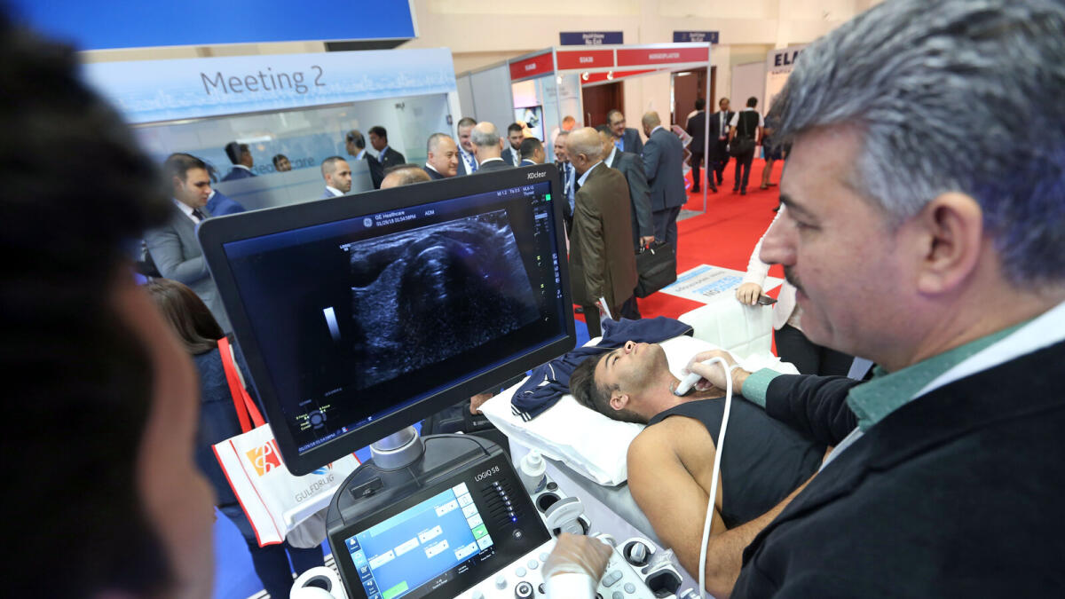 Ultra Sound being demonstrated at the GE stand during the Arab Health 2018. Photo by Dhes Handumon