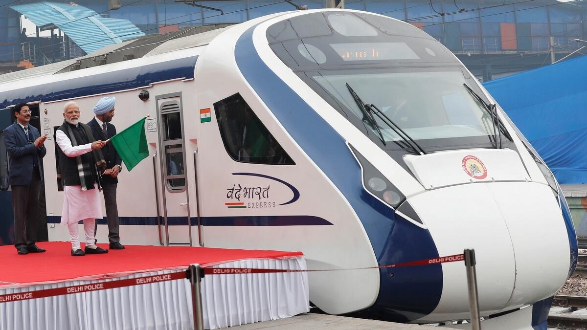 Narendra Modi flags off Indias fastest train Vande Bharat Express at a ceremony in New Delhi, India.- Reuters
