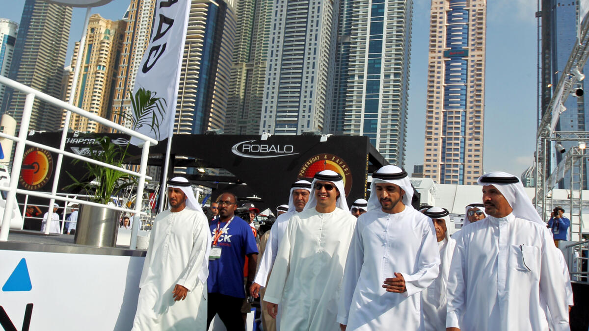 Shaikh Hamdan touring Dubai International Boat Show at Dubai Marine Club on Tuesday. The five-day event will run until Saturday. 