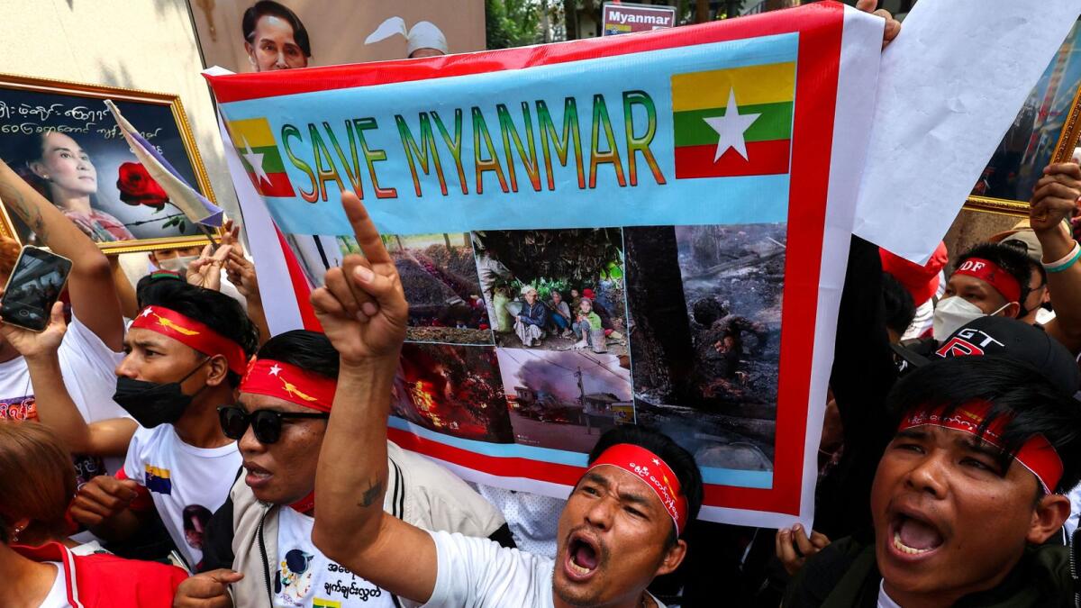 Protesters shout slogans during a demonstration to mark the second anniversary of Myanmar's 2021 military coup, outside the Embassy of Myanmar in Bangkok, Thailand, February 1, 2023. — Reuters file