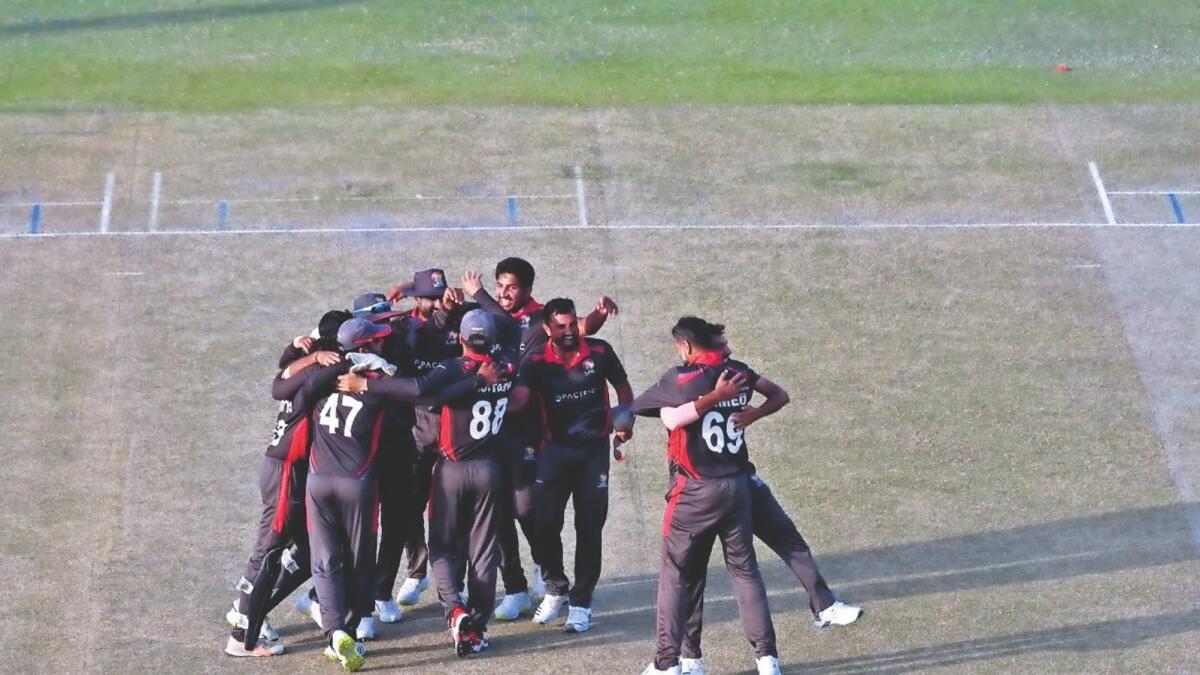 UAE players celebrate their victory over Nepal on Tuesday. (ICC)