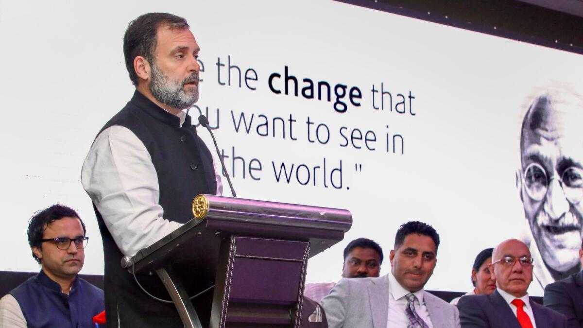 Congress leader Rahul Gandhi addresses the Indian diaspora during an event at Hounslow in West London, UK, on Sunday. — PTI