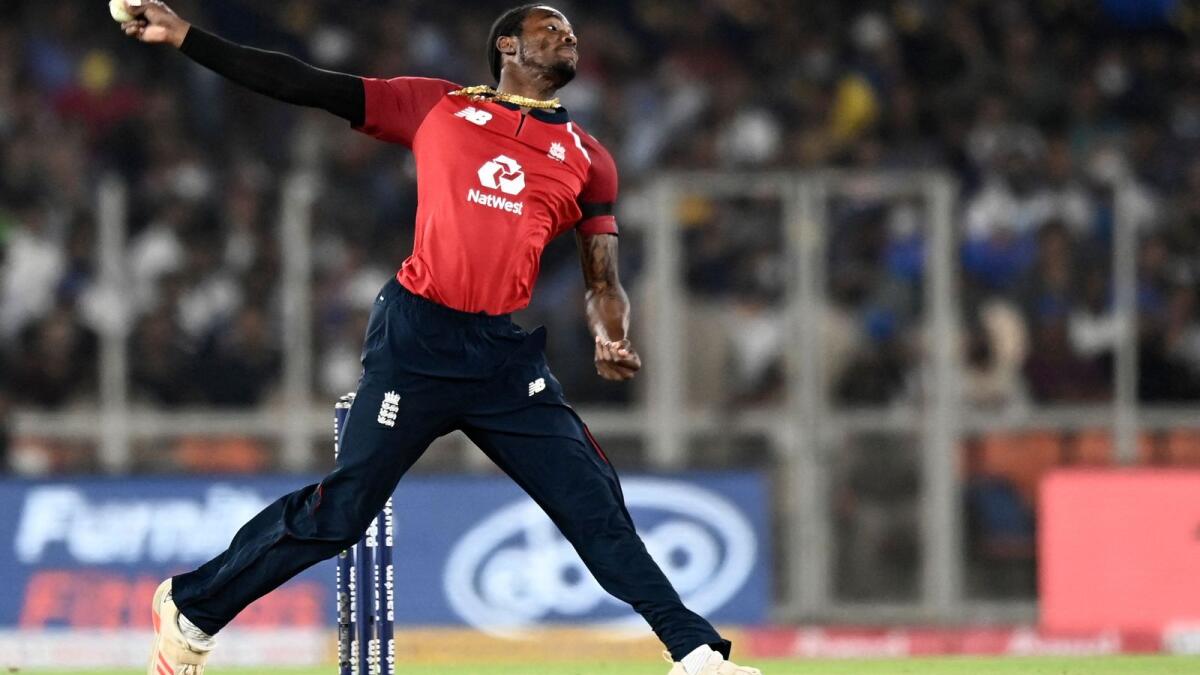 England's Jofra Archer bowls during the first Twenty20 international match against India. — AFP