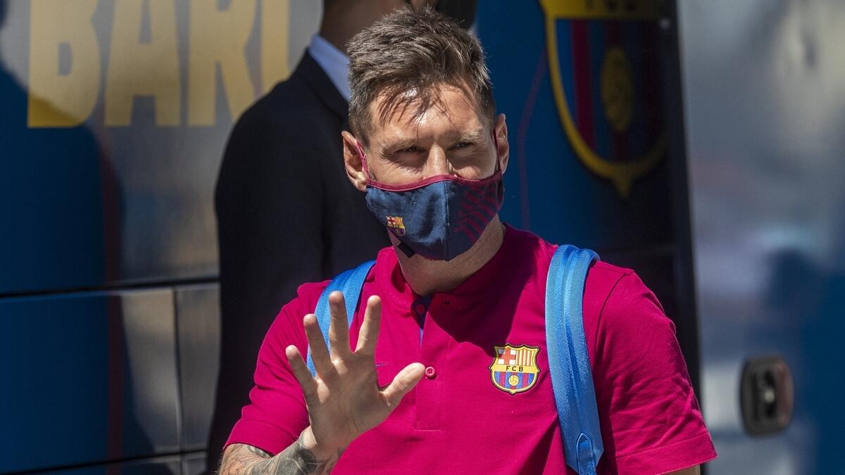 Lionel Messi arrives at the team hotel in Lisbon. (AP)