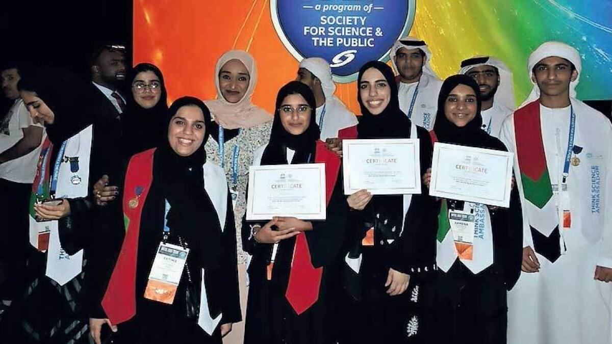 High school students from the UAE receive the award they won at the world’s largest pre-college science competition, which was held recently in Arizona in the US. — Supplied photo