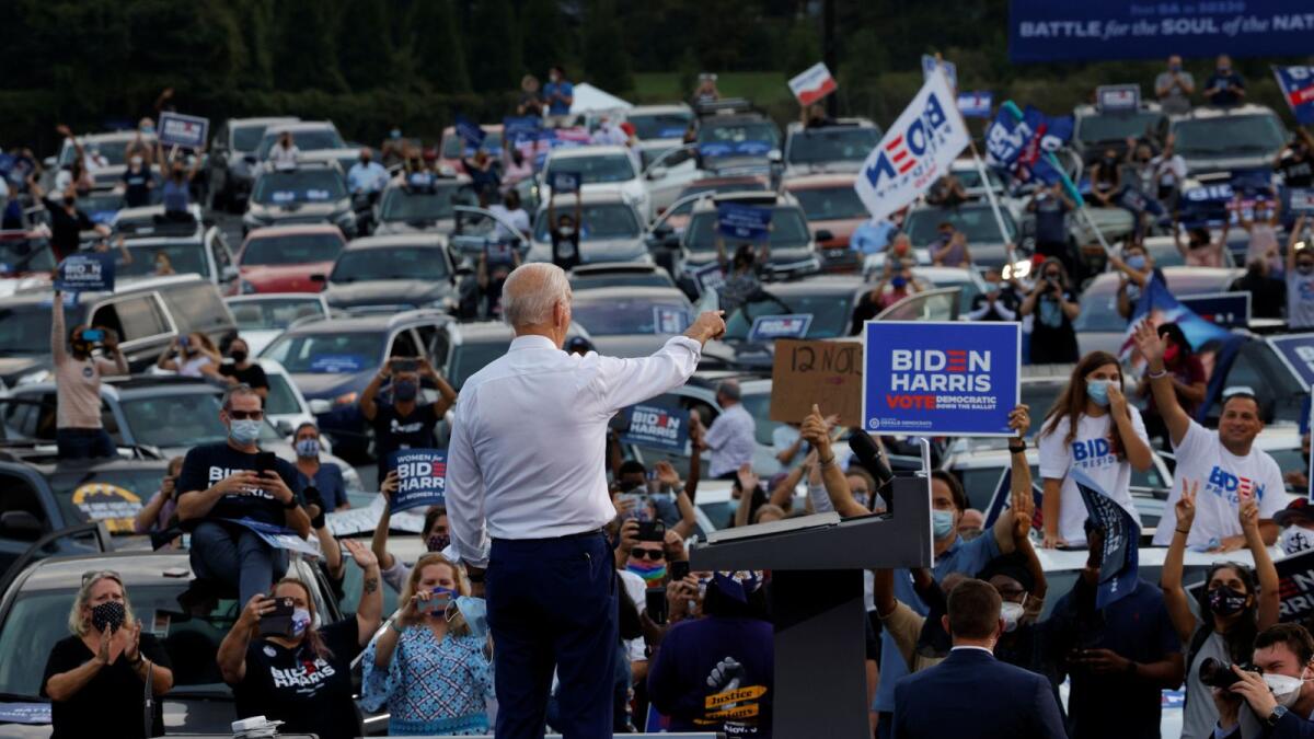 Democratic U.S. presidential nominee and former Vice President Joe Biden speaks during a campaign stop in Atlanta, Georgia, U.S. October 27, 2020.