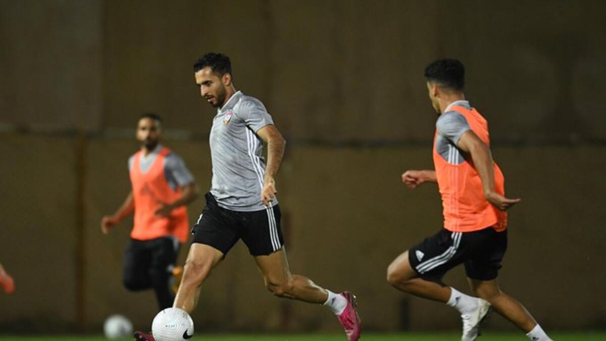 UAE striker Ali Mabkhout during a training session at the Al Nasr Club in Dubai on Wednesday. — UAEFA