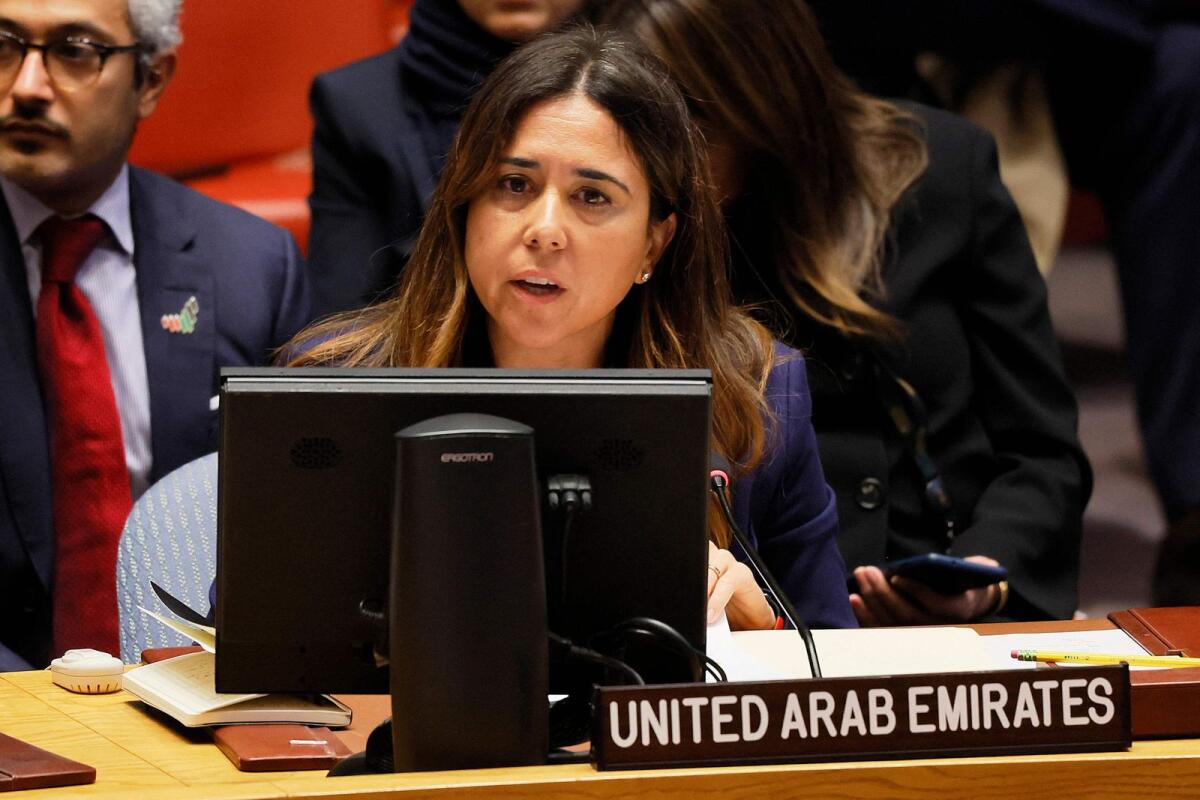 Permanent Representative of the UAE to the United Nations Lana Nusseibeh speaks during a Security Council meeting on the Israel-Hamas war at United Nations headquarters on October 30, 2023, in New York City. Photo: AFP