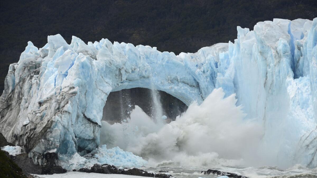 Chunks of ice break off the Perito Moreno Glacier, in Lake Argentina, at Los Glaciares National Park, near El Calafate, in Argentina's Patagonia region, March 10, 2016. — AP file