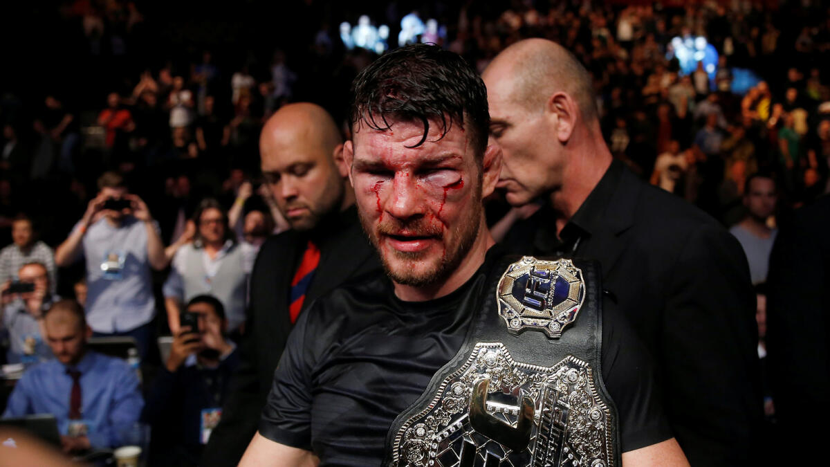 Michael Bisping of England celebrates winning his fight. Reuters via Matthew Childs/ Livepic